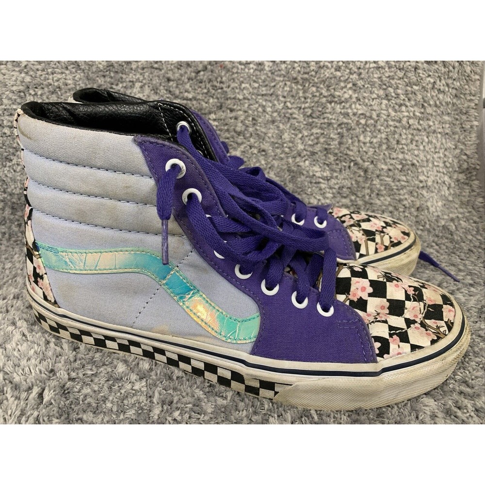 Vans Hi Sk8 Shoes Women's Size 9.5 Mens 8 Purple Blue Black/White Checker Floral